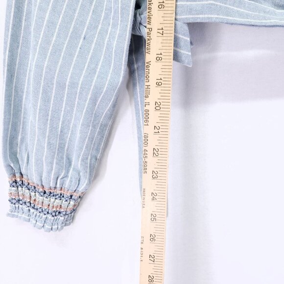 Miss Me Embroidered Linen Wrap Top Size Large Striped Crop Waist Tie Chambray - Picture 5 of 16